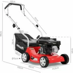 Tondeuse à Gazon à Essence 139cc 5cv 4 Temps Moteur OHV Traction Manuelle 390mm Lame Acier Double Tranchant 16" Hauteur De Coupe Réglable Et Panier D'une Capacité De 35L - Greencut GLM660X