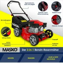 MASKO® Tondeuse à Essence 5 En 1 Roue Motrice Fonction De Nettoyage EasyClean Fonction Mulching Éjection Latérale Largeur De Coupe élevée Réglage De La Hauteur De Coupe Sur 8 Positions | Moteur 4 Temps | Bac De Ramassage, Rouge Noir, Schnittbreite 42cm (d -Tondeuse Et Accessoires Boutique 54827847 5